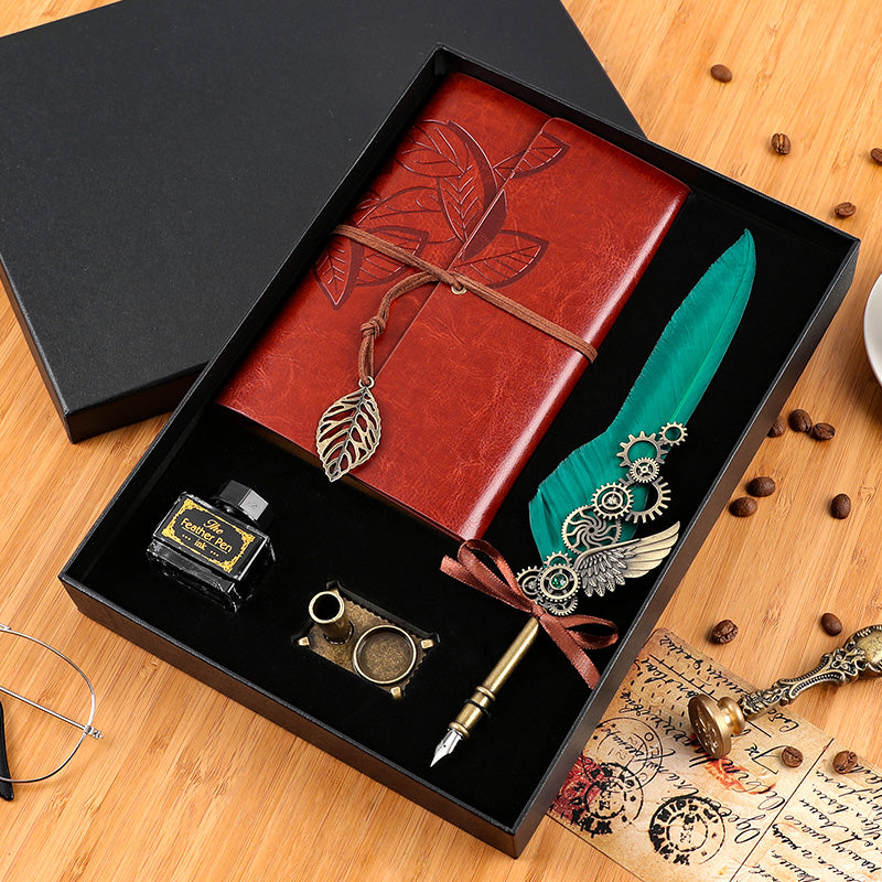 Vintage Feather Pen & Retro Notebook Gift Box Set – Luxury Writing Kit for Men & Women