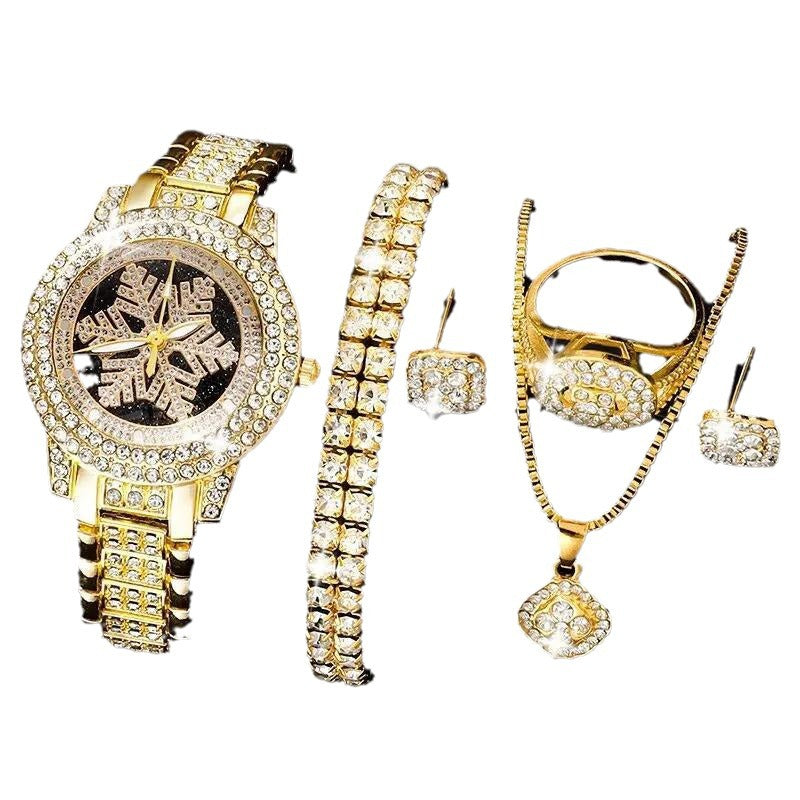 Luxury Snowflake Rhinestone Watch & Jewelry Set for Women – 5 Piece Gold Gift Collection