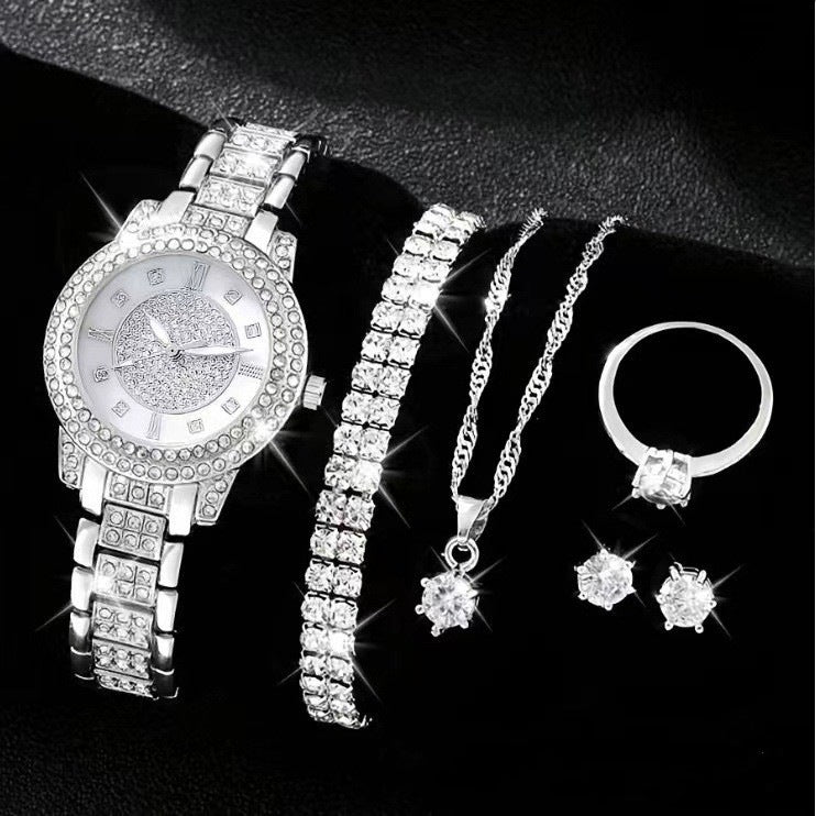 Luxury Diamond-Embedded Women’s Watch & Jewelry Set – 5 Piece Premium Gift Collection