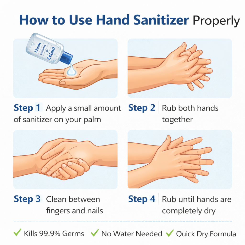 Illustration showing how to use hand sanitizer with four steps.