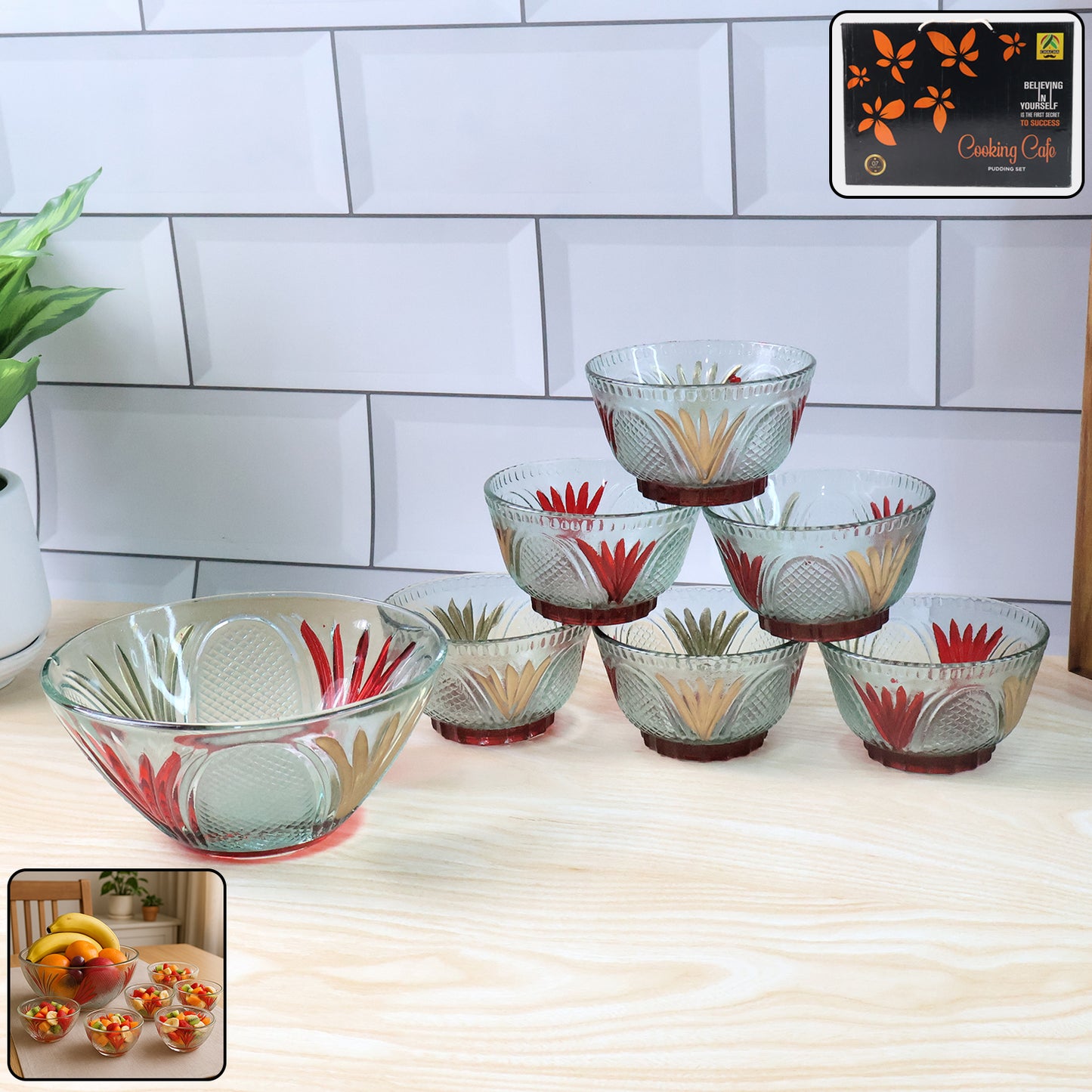8234 Rose Glass Multipurpose Pudding Dessert Ice Cream Bowl Set For Home Use Home Kitchen Serving Bowl For Sundae Sweets Snacks Fruit Pudding Nuts Or Dip Serving Bowls 6 Medium 1 Big Bowl (Set Of 7 Pc)