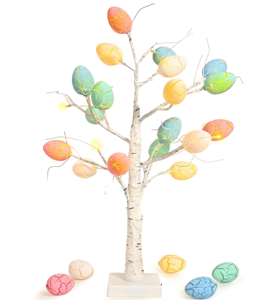 LED Lit Birch Tree with Easter Egg Ornaments – 60cm Decorative Tree