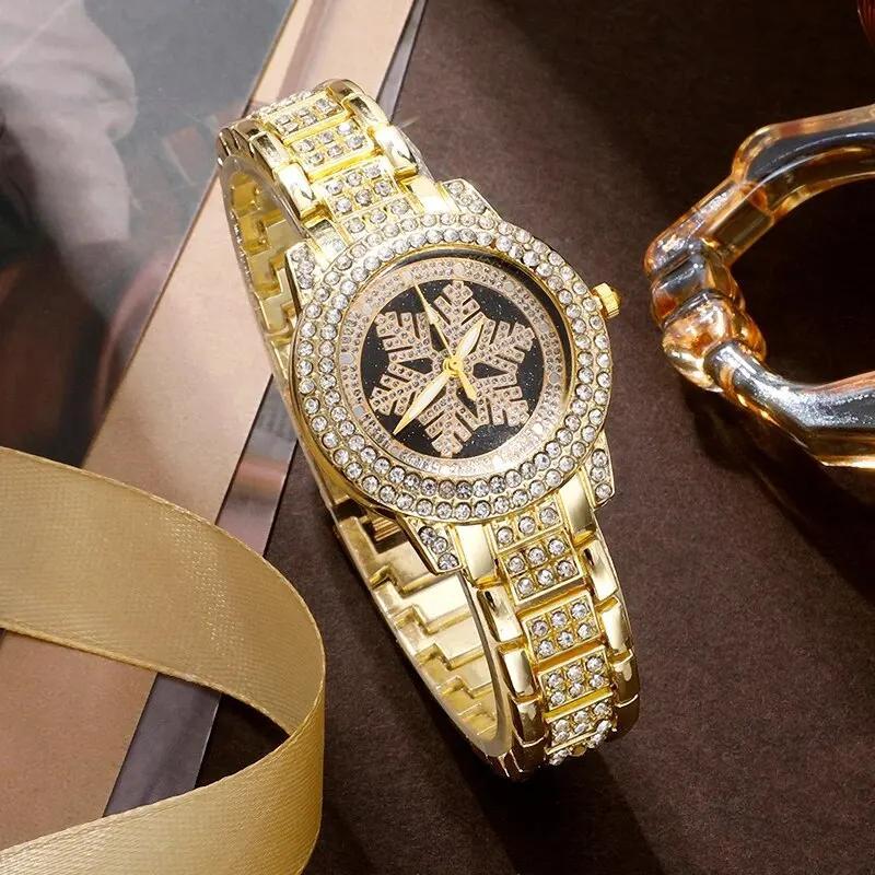 Luxury Snowflake Rhinestone Watch & Jewelry Set for Women – 5 Piece Gold Gift Collection