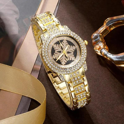 Luxury Snowflake Rhinestone Watch & Jewelry Set for Women – 5 Piece Gold Gift Collection