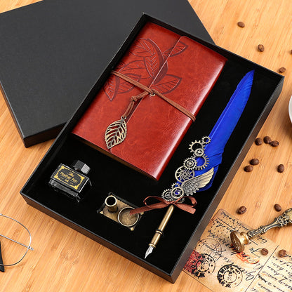 Vintage Feather Pen & Retro Notebook Gift Box Set – Luxury Writing Kit for Men & Women