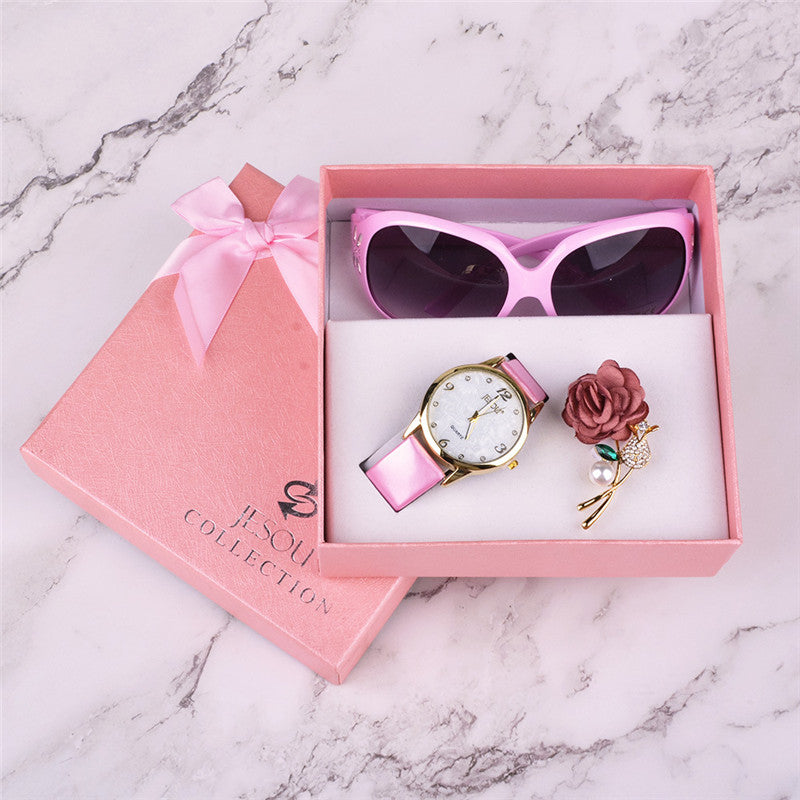 Women’s Gift Set Combo 3-in-1 | Leather Quartz Watch, Sunglasses & Corsage Bracelet