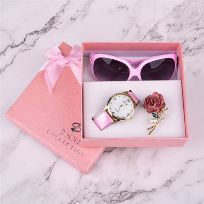 Women’s Gift Set Combo 3-in-1 | Leather Quartz Watch, Sunglasses & Corsage Bracelet