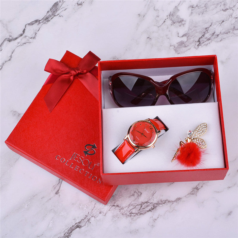 Women’s Gift Set Combo 3-in-1 | Leather Quartz Watch, Sunglasses & Corsage Bracelet