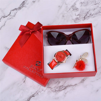 Women’s Gift Set Combo 3-in-1 | Leather Quartz Watch, Sunglasses & Corsage Bracelet