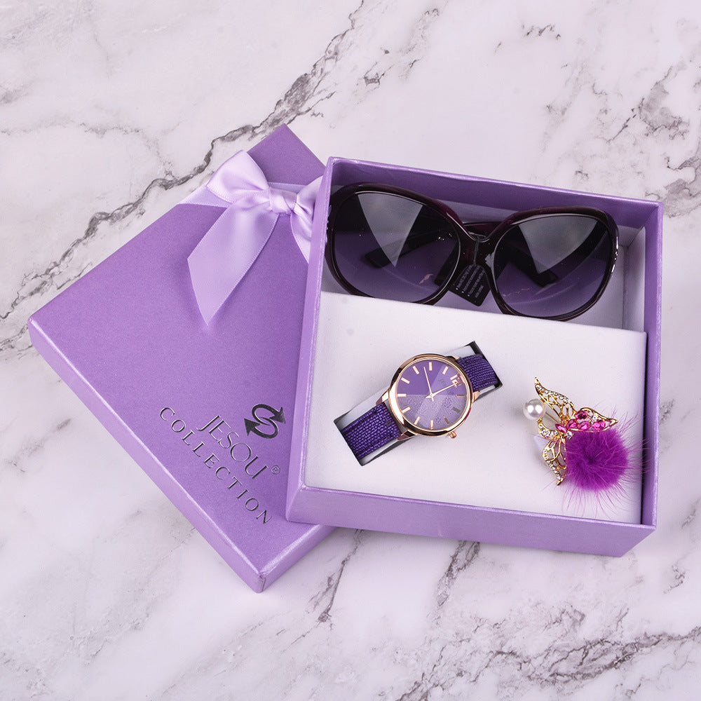 Women’s Gift Set Combo 3-in-1 | Leather Quartz Watch, Sunglasses & Corsage Bracelet