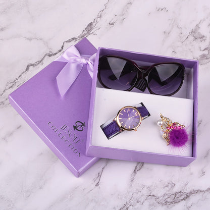 Women’s Gift Set Combo 3-in-1 | Leather Quartz Watch, Sunglasses & Corsage Bracelet
