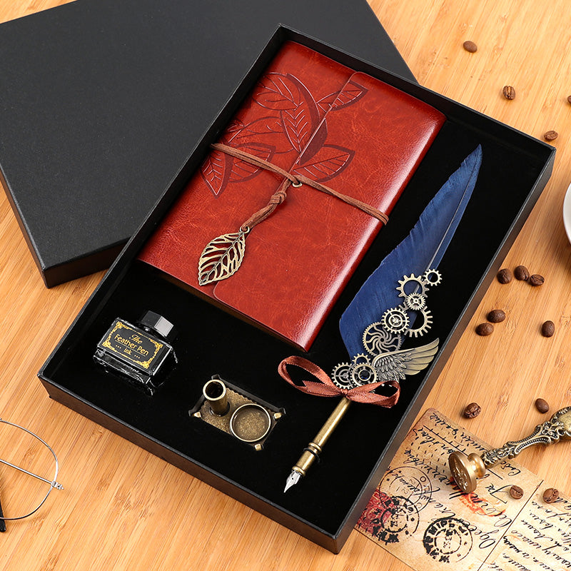 Vintage Feather Pen & Retro Notebook Gift Box Set – Luxury Writing Kit for Men & Women