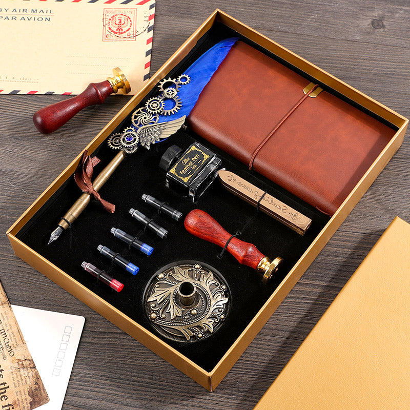 Vintage Feather Pen & Retro Notebook Gift Box Set – Luxury Writing Kit for Men & Women
