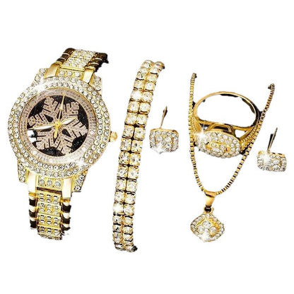 Luxury Snowflake Rhinestone Watch & Jewelry Set for Women – 5 Piece Gold Gift Collection