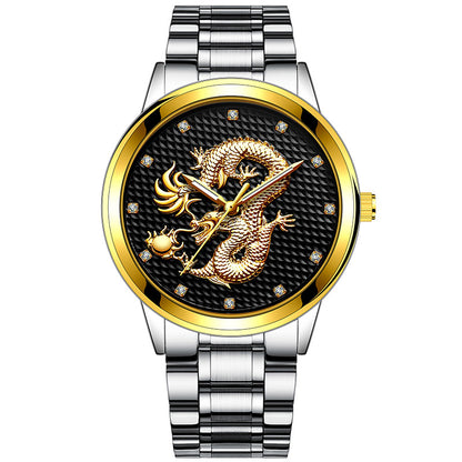 Embossed Golden Dragon Playing With Beads Diamond-inlaid Casual Business Quartz Watch