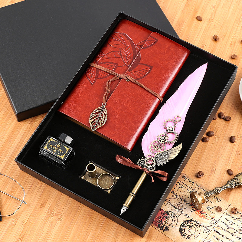 Vintage Feather Pen & Retro Notebook Gift Box Set – Luxury Writing Kit for Men & Women