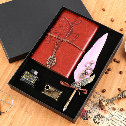 Vintage Feather Pen & Retro Notebook Gift Box Set – Luxury Writing Kit for Men & Women