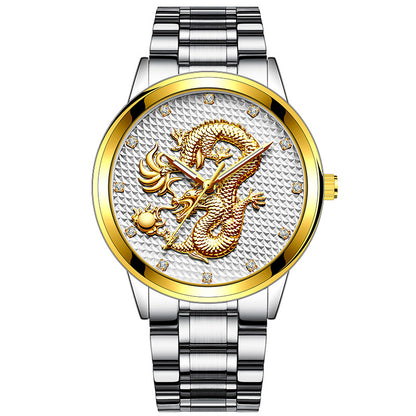 Embossed Golden Dragon Playing With Beads Diamond-inlaid Casual Business Quartz Watch