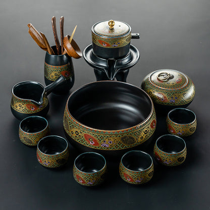 Retro Kung Fu Tea Set 10-Piece with Tray | Ceramic Lazy Tea Set Gift Box with Tea Ceremony Accessories