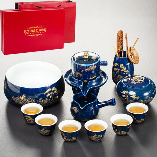 Retro Kung Fu Tea Set 10-Piece with Tray | Ceramic Lazy Tea Set Gift Box with Tea Ceremony Accessories