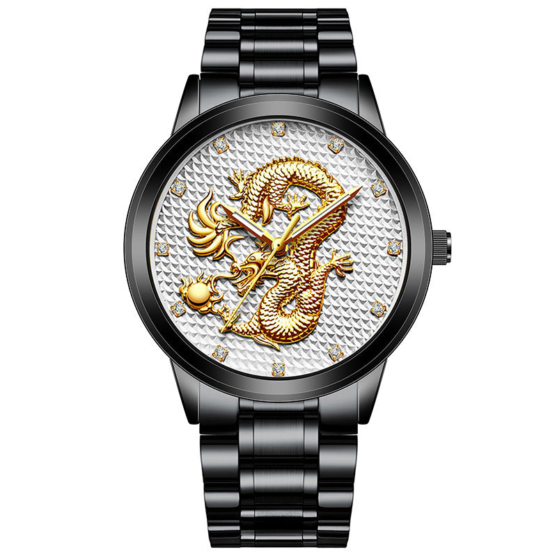 Embossed Golden Dragon Playing With Beads Diamond-inlaid Casual Business Quartz Watch