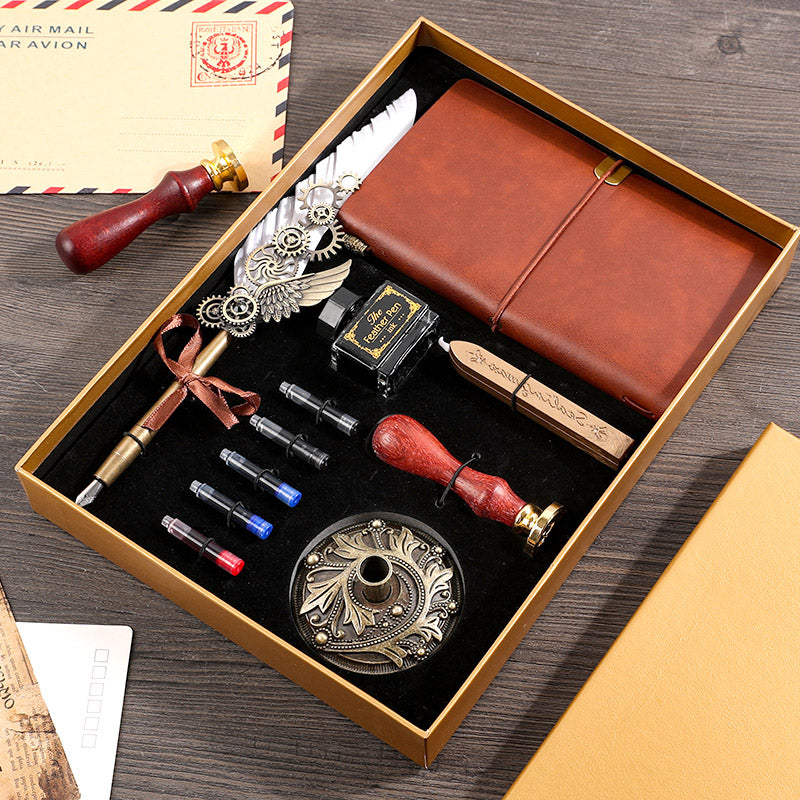Vintage Feather Pen & Retro Notebook Gift Box Set – Luxury Writing Kit for Men & Women