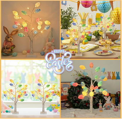 LED Lit Birch Tree with Easter Egg Ornaments – 60cm Decorative Tree