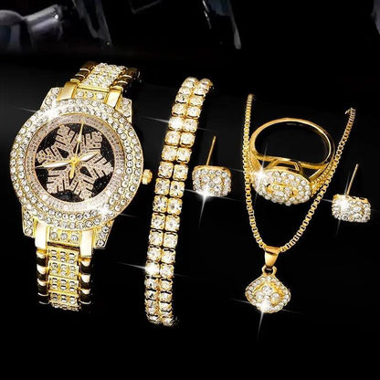 Luxury Snowflake Rhinestone Watch & Jewelry Set for Women – 5 Piece Gold Gift Collection