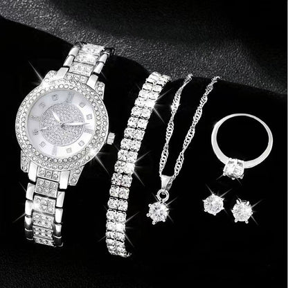 Luxury Diamond-Embedded Women’s Watch & Jewelry Set – 5 Piece Premium Gift Collection