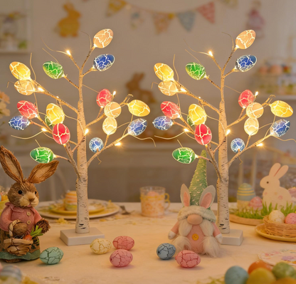 LED Lit Birch Tree with Easter Egg Ornaments – 60cm Decorative Tree