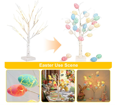 LED Lit Birch Tree with Easter Egg Ornaments – 60cm Decorative Tree