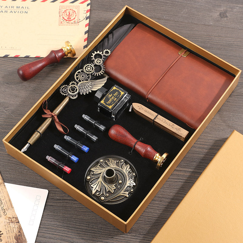 Vintage Feather Pen & Retro Notebook Gift Box Set – Luxury Writing Kit for Men & Women