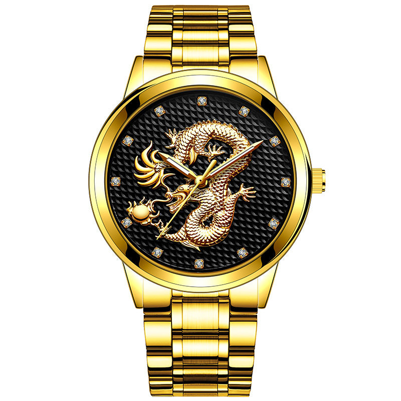 Embossed Golden Dragon Playing With Beads Diamond-inlaid Casual Business Quartz Watch