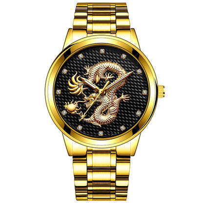 Embossed Golden Dragon Playing With Beads Diamond-inlaid Casual Business Quartz Watch