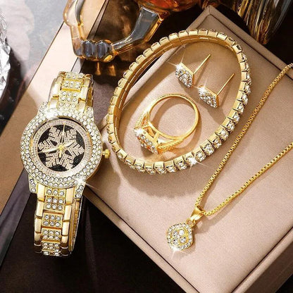 Luxury Snowflake Rhinestone Watch & Jewelry Set for Women – 5 Piece Gold Gift Collection