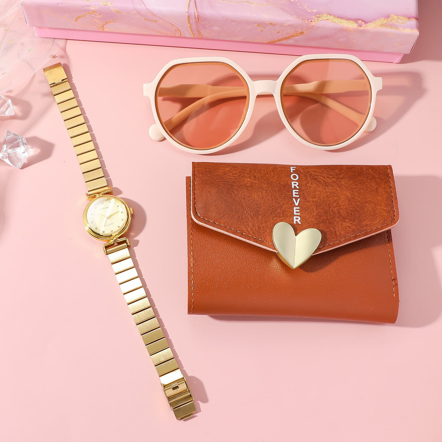 Luxury Women’s Steel Watch Combo Set – Watch, Wallet & Sunglasses Gift Kit