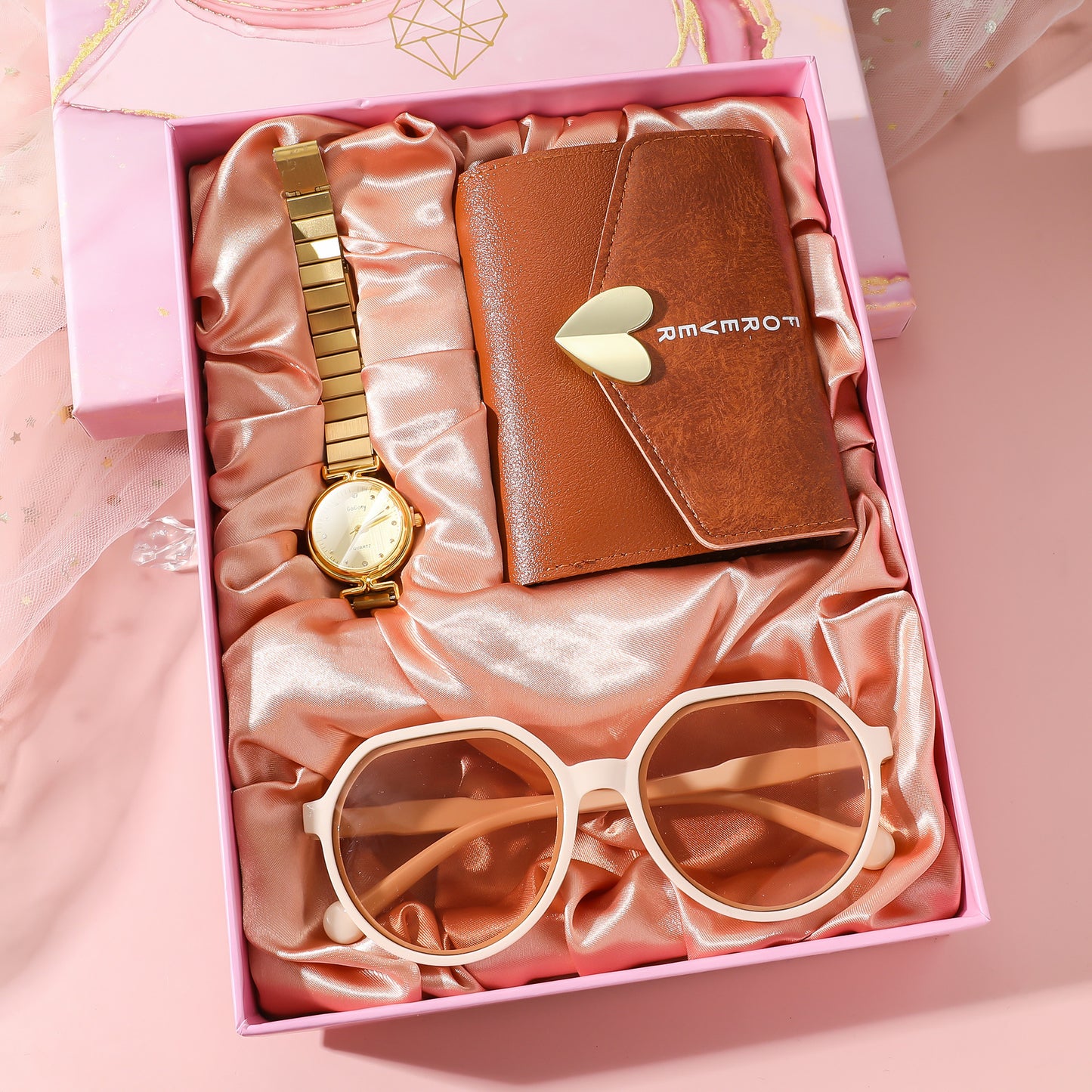 Luxury Women’s Steel Watch Combo Set – Watch, Wallet & Sunglasses Gift Kit