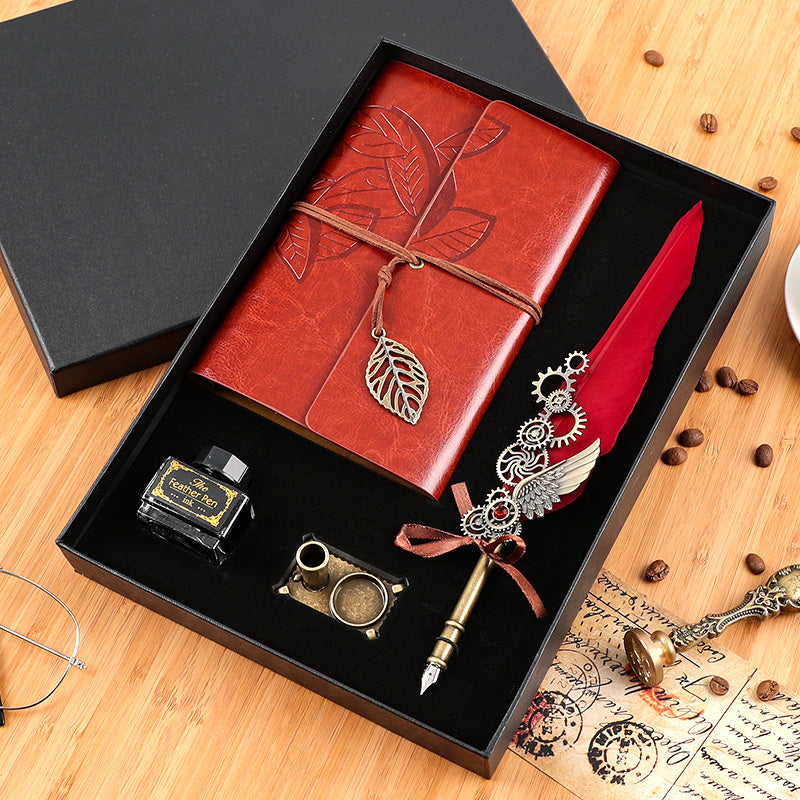Vintage Feather Pen & Retro Notebook Gift Box Set – Luxury Writing Kit for Men & Women