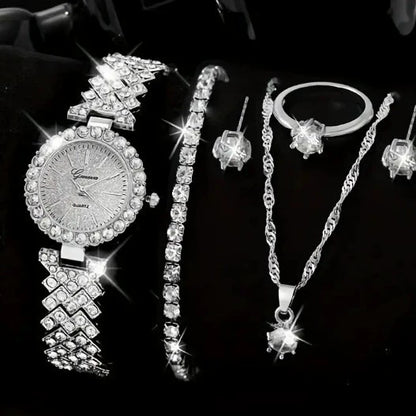 Luxury Diamond-Embedded Women’s Watch & Jewelry Set – 5 Piece Premium Gift Collection