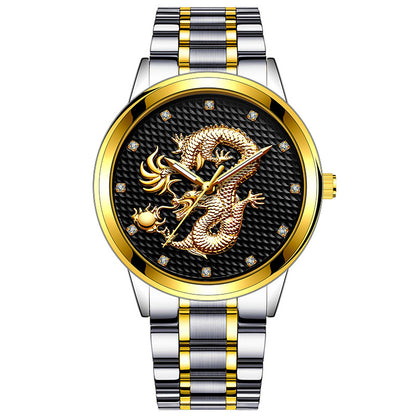 Embossed Golden Dragon Playing With Beads Diamond-inlaid Casual Business Quartz Watch