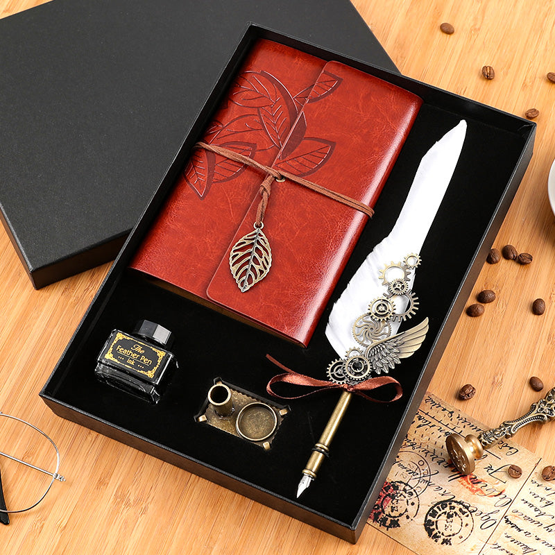 Vintage Feather Pen & Retro Notebook Gift Box Set – Luxury Writing Kit for Men & Women