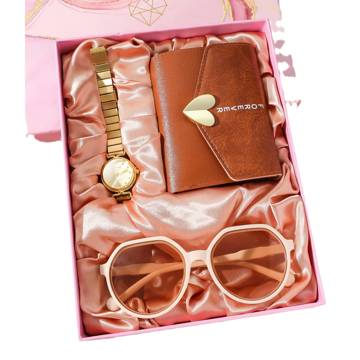 Luxury Women’s Steel Watch Combo Set – Watch, Wallet & Sunglasses Gift Kit