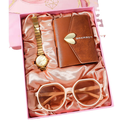 Luxury Women’s Steel Watch Combo Set – Watch, Wallet & Sunglasses Gift Kit