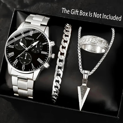 Mens Quartz Watch Necklace  Bracelet And Ring 4-Piece Set