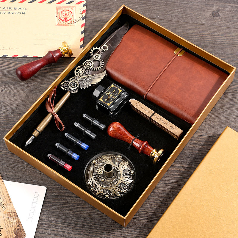 Vintage Feather Pen & Retro Notebook Gift Box Set – Luxury Writing Kit for Men & Women