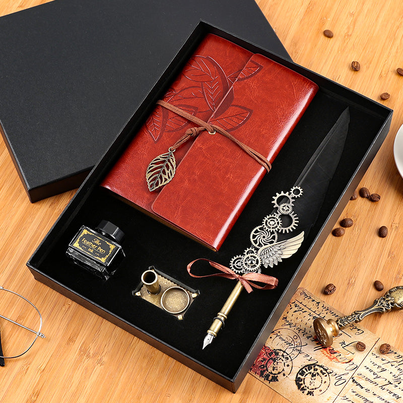 Vintage Feather Pen & Retro Notebook Gift Box Set – Luxury Writing Kit for Men & Women