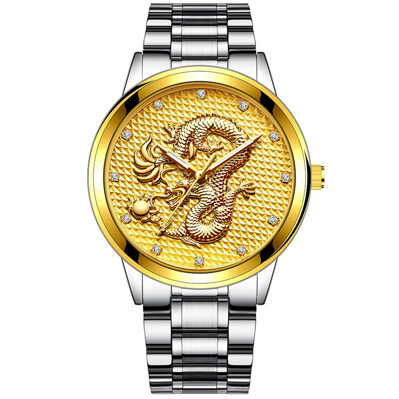 Embossed Golden Dragon Playing With Beads Diamond-inlaid Casual Business Quartz Watch