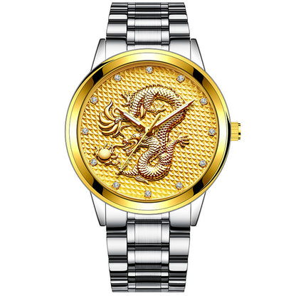 Embossed Golden Dragon Playing With Beads Diamond-inlaid Casual Business Quartz Watch