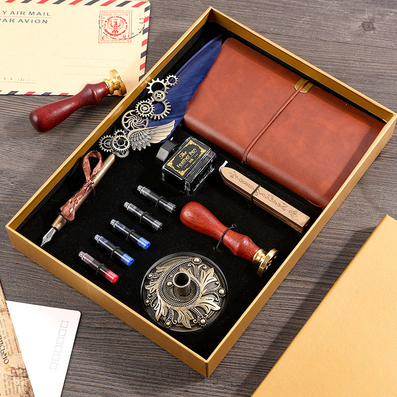 Vintage Feather Pen & Retro Notebook Gift Box Set – Luxury Writing Kit for Men & Women