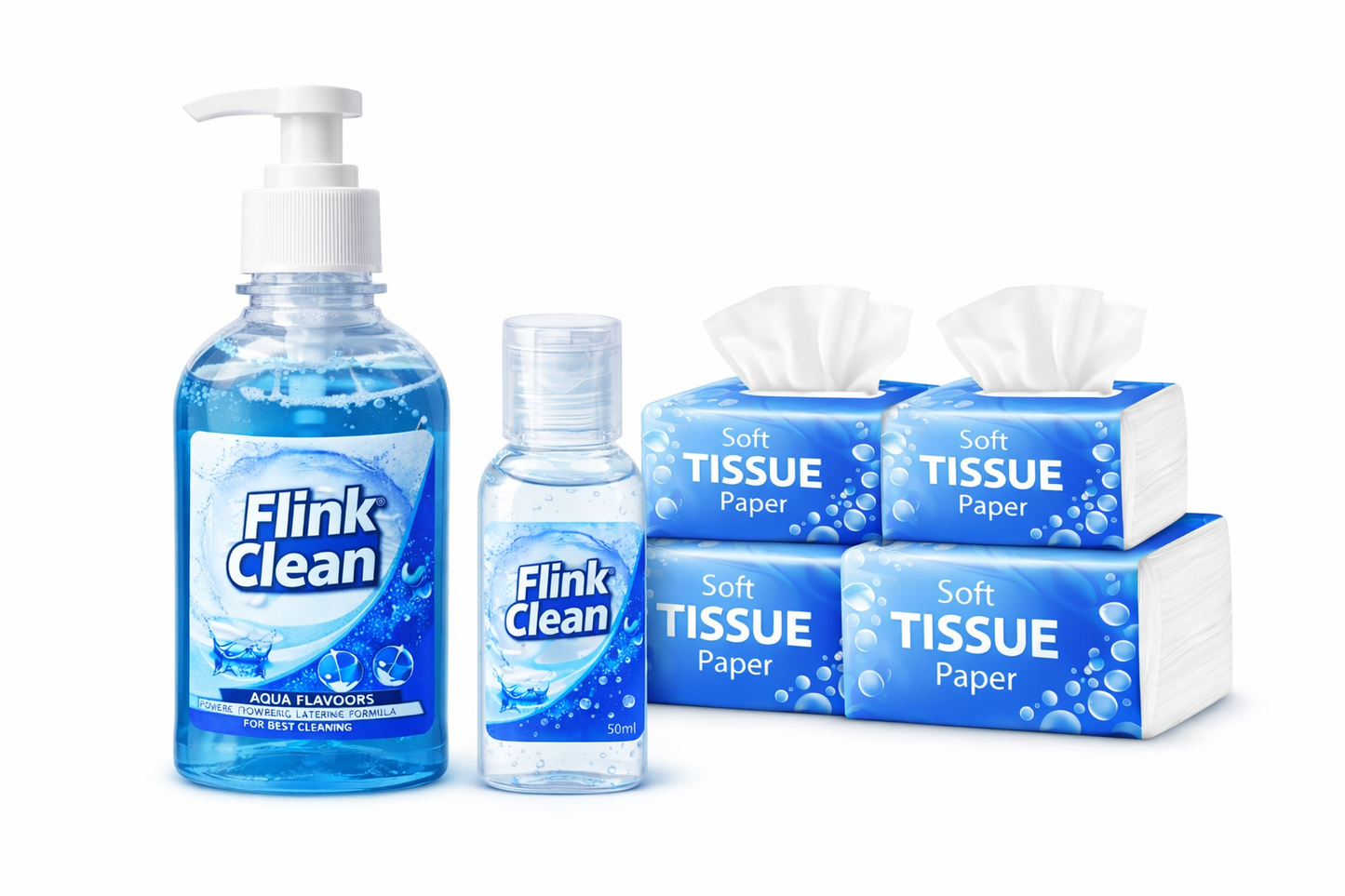 Flink Clean products including bottles and tissue paper on a white background